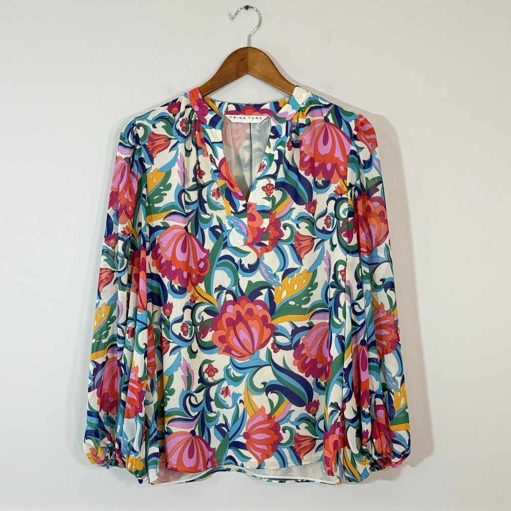 Trina Turk Tanvi Blouse Floral Print Multi Color Long Sleeve Flowy Womens Sz S